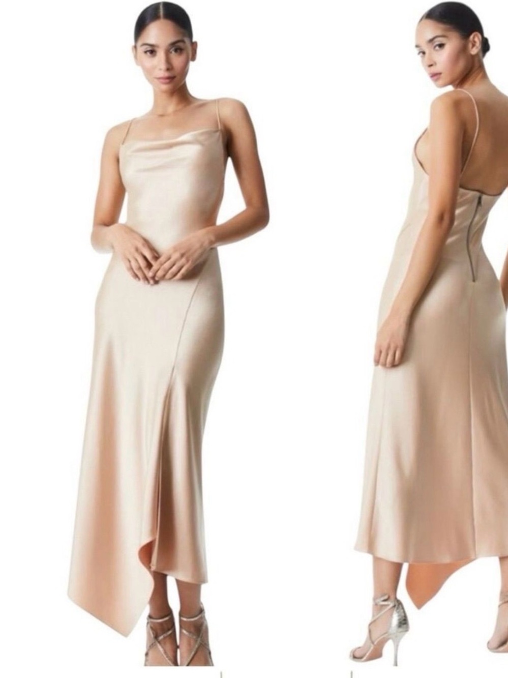 Alice + Olivia Champagne Satin Asymmetrical Slip Dress